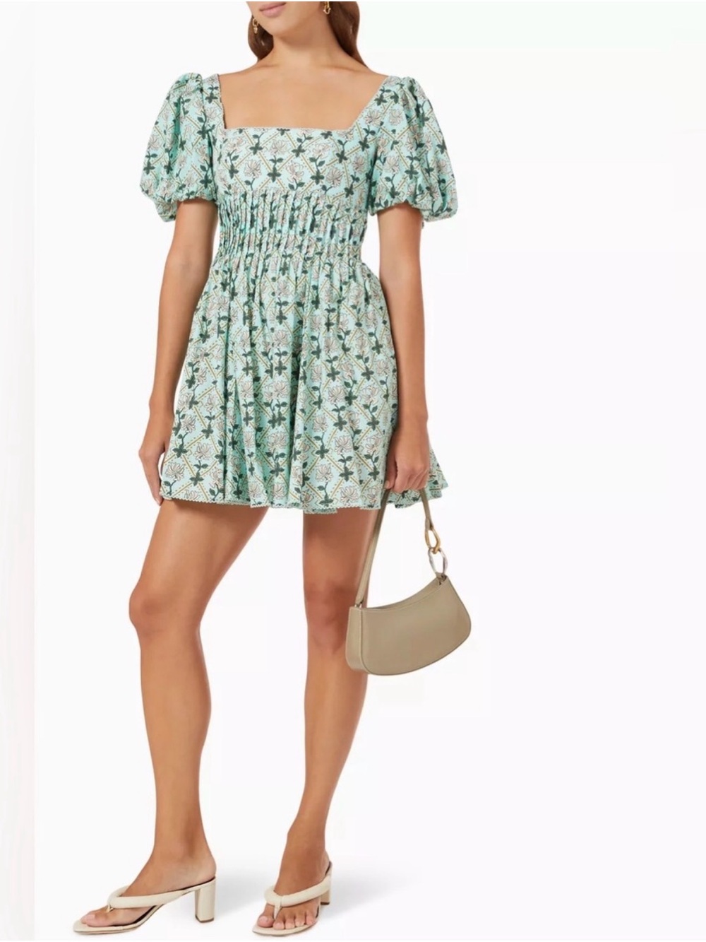 Agua by Agua Bendita Mint Floral Smocked Mini Dress